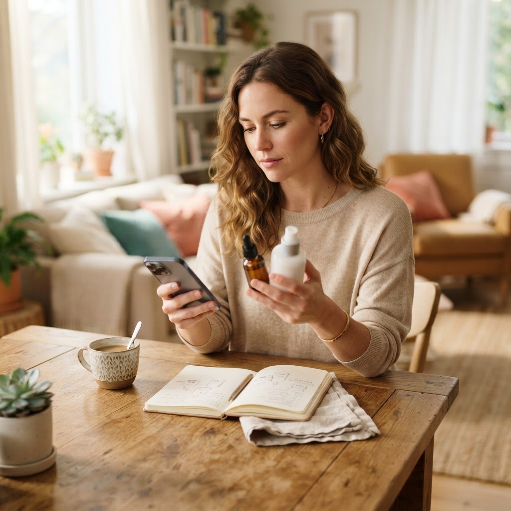 Persona comparando dos productos con calma mientras revisa su celular y una libreta